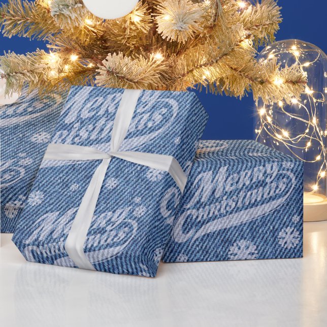Faux denim word art Christmas wrapping paper (Holidays)