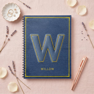 Faux Denim Yellow Stitched Monogram Letter W Notebook