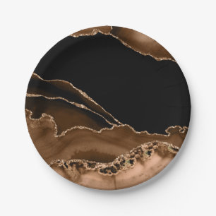 Faux Desert Brown Marbled Agate Contemporary Stone Paper Plate