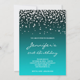 Faux Diamond Dark Turquoise Gradient 21st Birthday Invitation