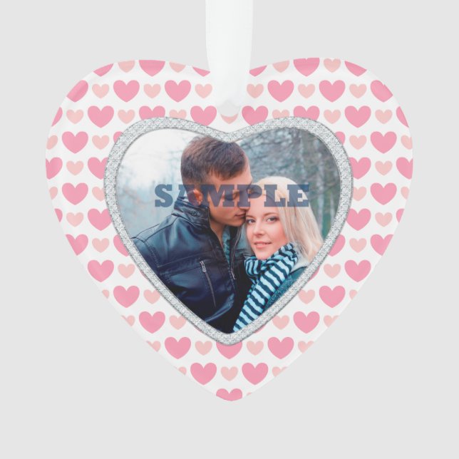 Faux Diamond Pink Hearts Photo Template Ornament (Front)