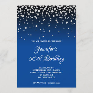 Faux Diamonds and Bright Blue Ombre 50th Birthday Invitation