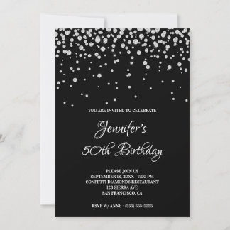 Faux Diamonds Black 50th Birthday Invitation