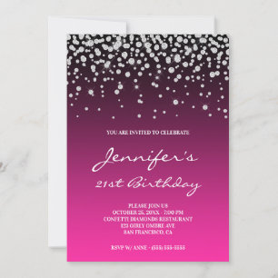 Faux Diamonds Black Pink Gradient 21st Birthday Invitation