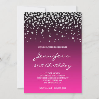 Faux Diamonds Black Pink Gradient 21st Birthday Invitation