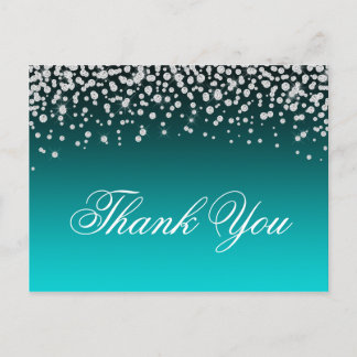 Faux Diamonds Teal and Turquoise Ombre Thank You Postcard