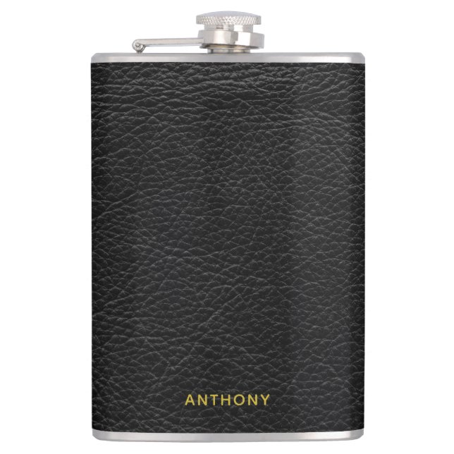 Faux Distressed Black Leather Look Hip Flask (Front)