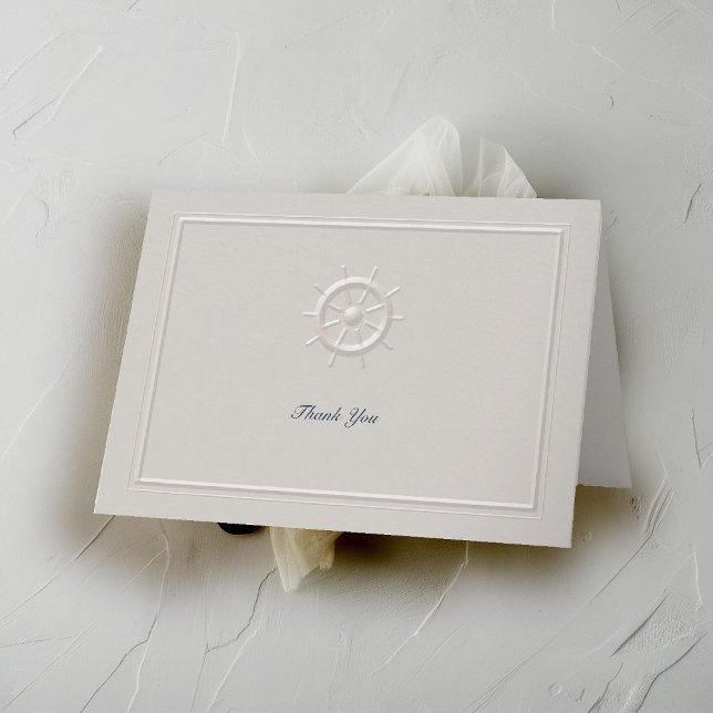 Faux Embossed Boat Helm Coastal Wedding Thank You Card (coastal wedding thank you folded card faux embossed boat helm double frame modern classic elegant)