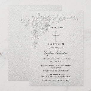 Faux Embossed Floral Baptism Invitation