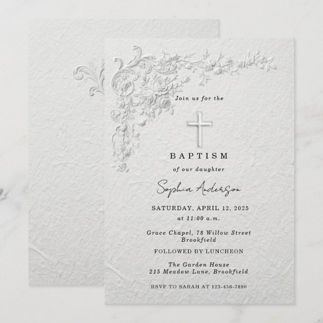 Faux Embossed Floral Baptism Invitation (Front/Back)