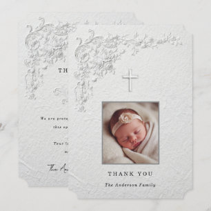 Faux Embossed Floral Baptism Photo Thank You Card