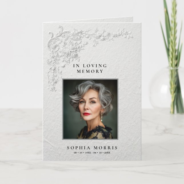 Faux Embossed Floral Memorial Funeral Program Card (Front)