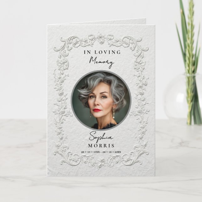 Faux Embossed Floral Memorial Funeral Program Card (Front)