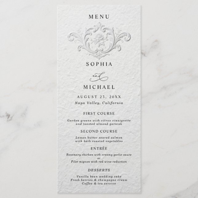 Faux Embossed Floral Wedding Flat Menu (Front)