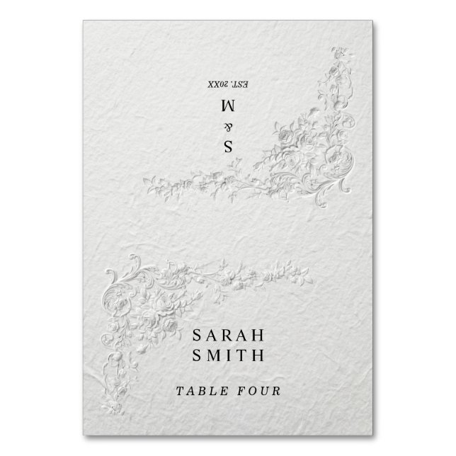 Faux Embossed Floral Wedding Table Place Card (Front)