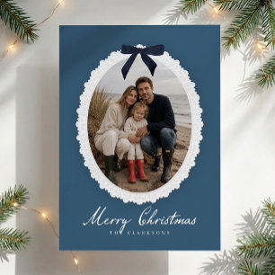 Faux Embossed Frame Blue Velvet Bow Photo card