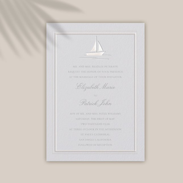 Faux Embossed Frame Boat Coastal Formal Wedding Invitation (coastal wedding invitation modern classic formal traditional frame faux embossed boat)