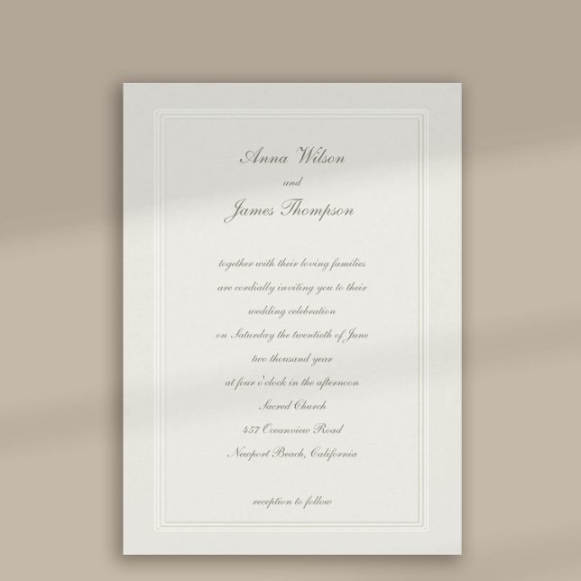 Faux Embossed Frame Ecru Formal Classic Wedding Invitation (formal traditional wedding invitation faux embossed cream ecru frame calligraphy modern classic)