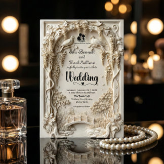 Faux Embossed Ivory Floral Scenic Relief Wedding Invitation