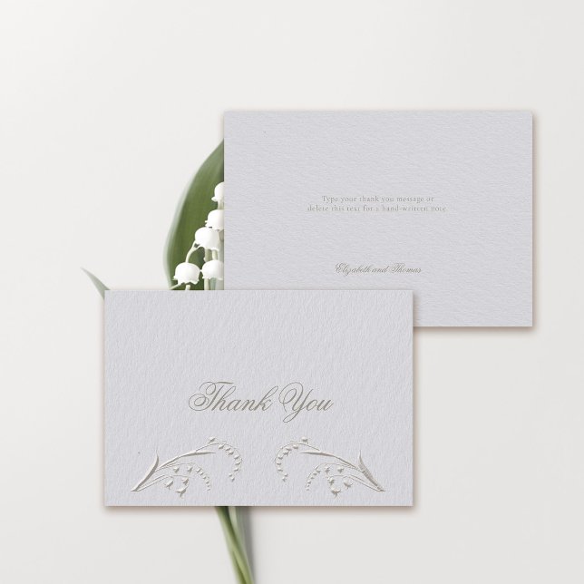 Faux Embossed Lily Valley Couple Formal Wedding Thank You Card (formal wedding thank you card classic traditional faux embossed lily of the valley frame ivory white)