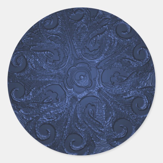 Faux Embossed Look Ornate Seal, Blue Classic Round Sticker (Front)