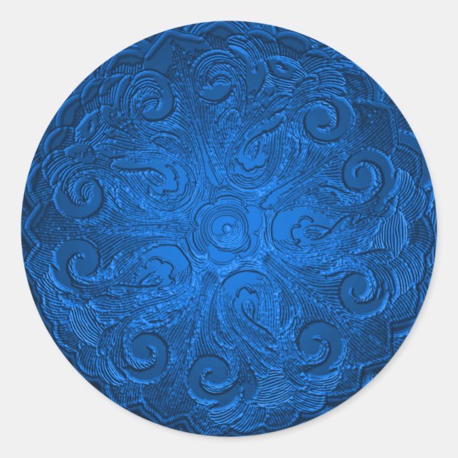 Faux Embossed Look Ornate Seal, Blue Classic Round Sticker (Front)