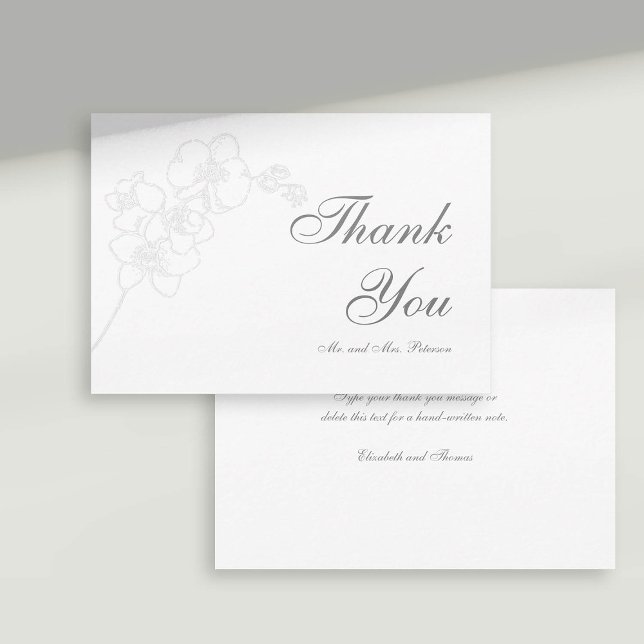 Faux Embossed Orchids Art Formal Wedding Thank You Card (formal wedding thank you card faux embossed orchid floral modern classic traditional calligraphy)