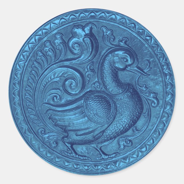 Faux Embossed Peacock Blue Set 1026 Classic Round Sticker (Front)
