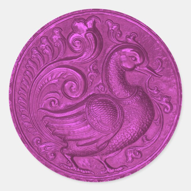 Faux Embossed Peacock Hot Pink Set 1026 Classic Round Sticker (Front)