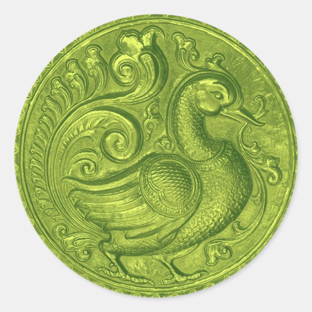 Faux Embossed Peacock Lime Green Set 1026 Classic Round Sticker (Front)