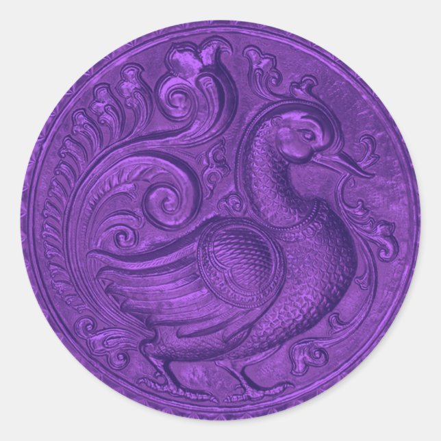 Faux Embossed Peacock Purple Set 1026 Classic Round Sticker (Front)