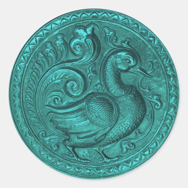 Faux Embossed Peacock Teal Set 1026 Classic Round Sticker (Front)