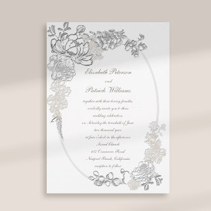Faux Embossed Peonies Calligraphy Ivory Wedding Invitation