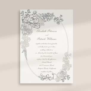 Faux Embossed Peonies Calligraphy Pearl Wh Wedding Invitation