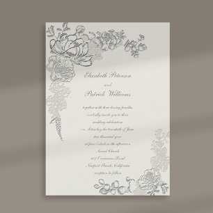 Faux Embossed Peonies Frame Calligraphy Wedding Invitation