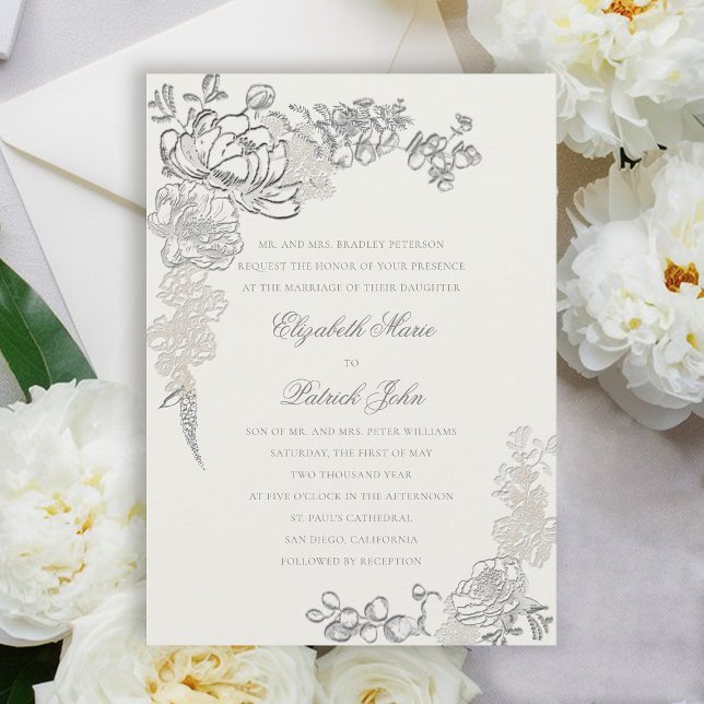 Faux Embossed Peonies Frame Formal Pearl Wedding Invitation (peony wedding invitation floral frame formal traditional elegant calligraphy modern classic pearl)