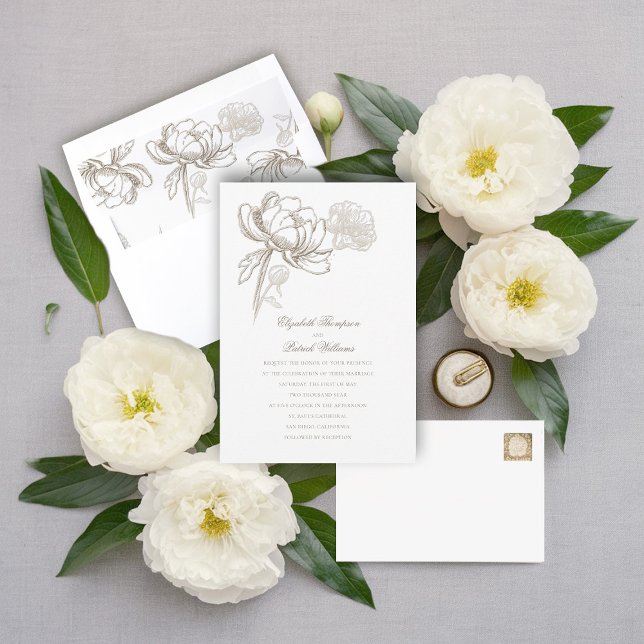 Faux Embossed Peonies Gold Formal Elegant Wedding Invitation (faux embossed peony wedding invitation formal traditional gold hue calligraphy modern classic)
