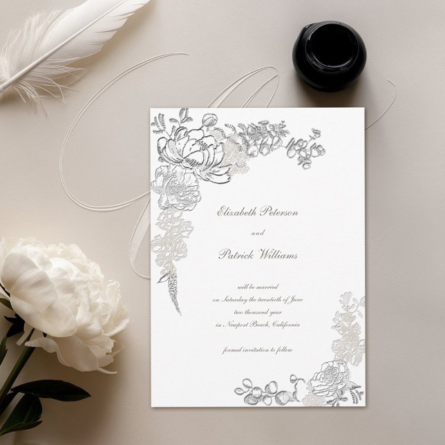 Faux Embossed Peony Calligraphy Chic Ivory Wedding Save The Date (formal traditional elegant calligraphy wedding save the date  faux embossed peony ivory classic)
