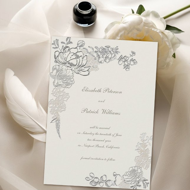Faux Embossed Peony Calligraphy Formal Wedding Save The Date (formal traditional elegant calligraphy wedding save the date  faux embossed peony ecru classic)