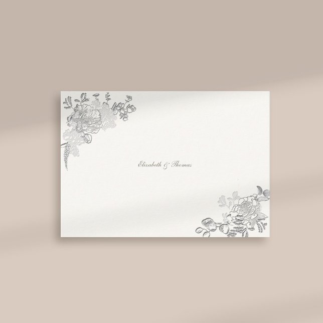 Faux Embossed Peony Classic Chic Wedding Thank You (formal traditional elegant calligraphy wedding thank you card faux embossed peony pearl classic)