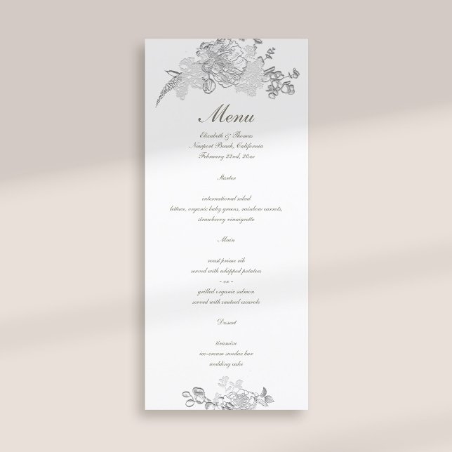 Faux Embossed Peony Classic Formal Ivory Wedding Menu (formal traditional elegant calligraphy wedding menu card faux embossed peony ivory classic)