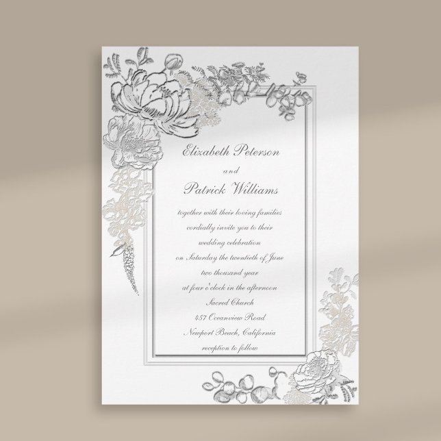 Faux Embossed Peony Ivory Calligraphy Wedding Invitation (peony wedding invitation floral double frame formal traditional elegant calligraphy ivory classic)