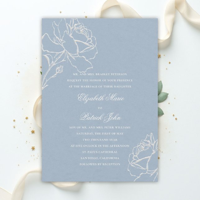 Faux Embossed Roses Blue Formal Parents Wedding Invitation (blue wedding theme dusty white invitation formal traditional modern classic floral roses elegant)