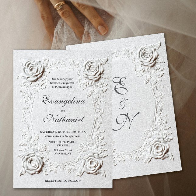  Faux Embossed Roses Elegant Script Formal Wedding Invitation (Creator Uploaded)