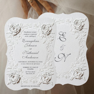  Faux Embossed Roses Elegant Script Formal Wedding Invitation