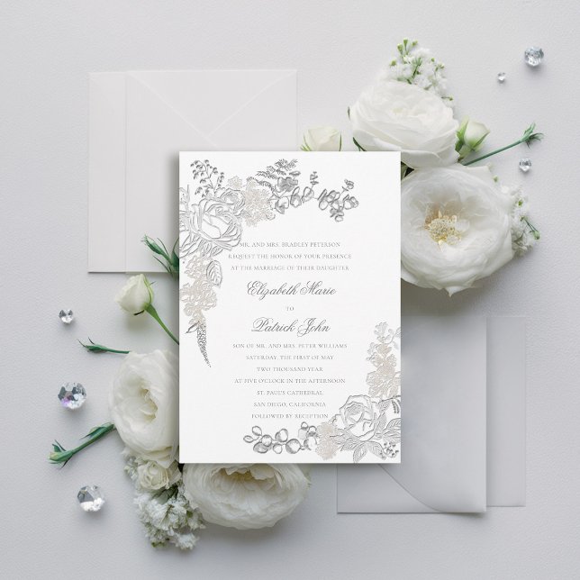 Faux Embossed Roses Frame Formal Parents Wedding Invitation (faux embossed wedding invitation roses floral frame formal traditional elegant modern classic)