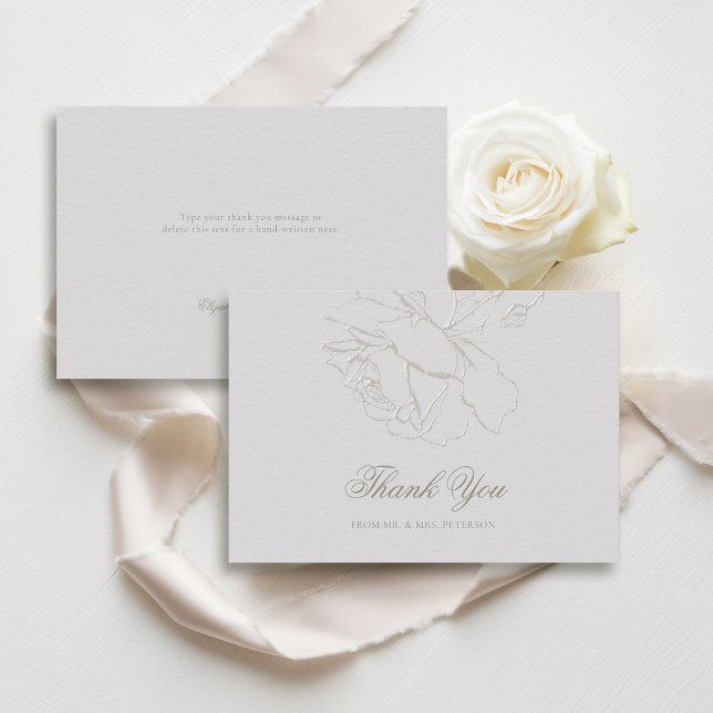 Faux Embossed Roses Ivory Classic Formal Wedding Thank You Card (formal wedding thank you card traditional calligraphy ivory faux embossed roses modern classic)