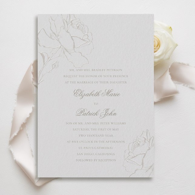 Faux Embossed Roses Ivory Formal Parents Wedding Invitation (faux embossed roses wedding invitation modern classic traditional formal ivory champagne parents)