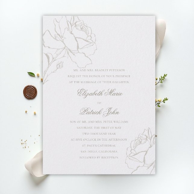 Faux Embossed Roses Pearl Formal Parents Wedding Invitation (ethereal wedding theme pearl white invitation formal traditional modern classic floral roses parents)
