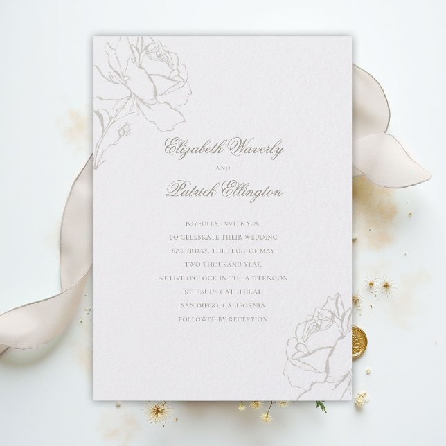Faux Embossed Roses Pearl Modern Classic Wedding Invitation (ethereal wedding theme pearl white invitation formal traditional modern classic floral elegant roses)